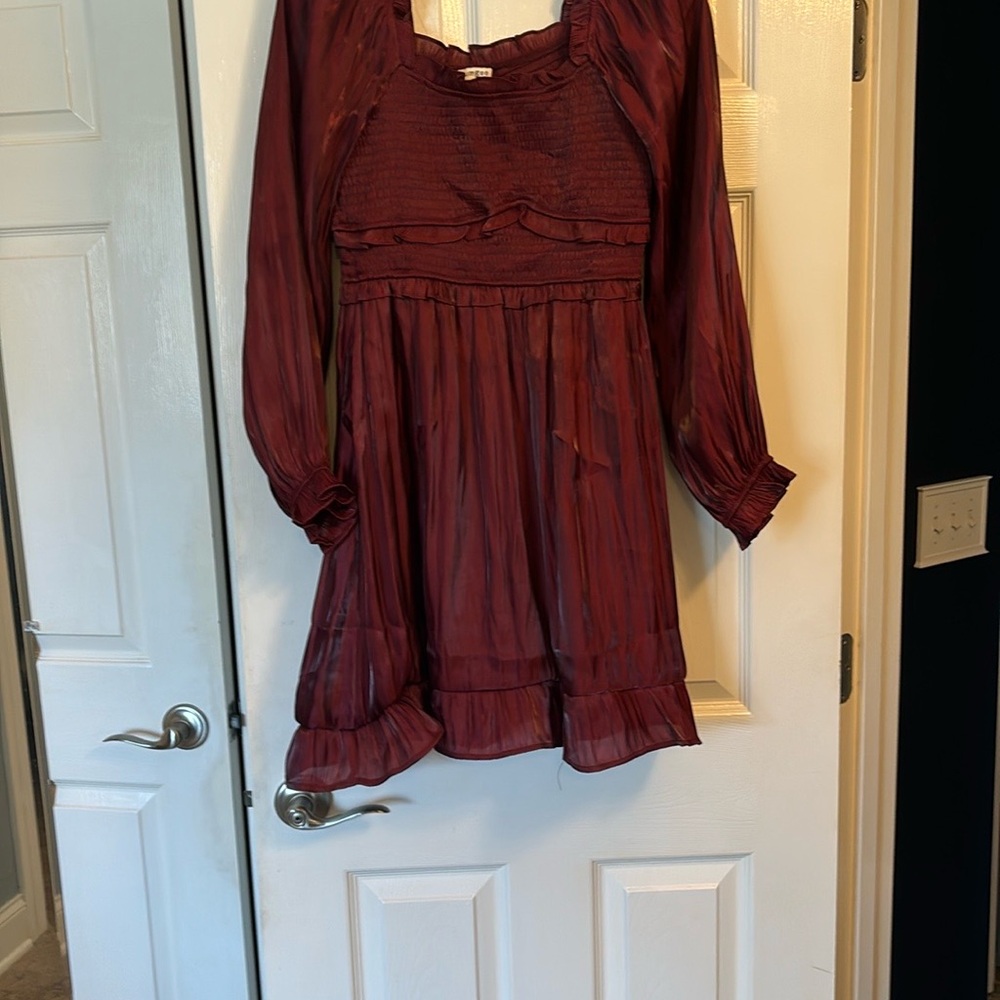 Umgee Burgundy Dress with Square Neck and Bishop Sleeves
